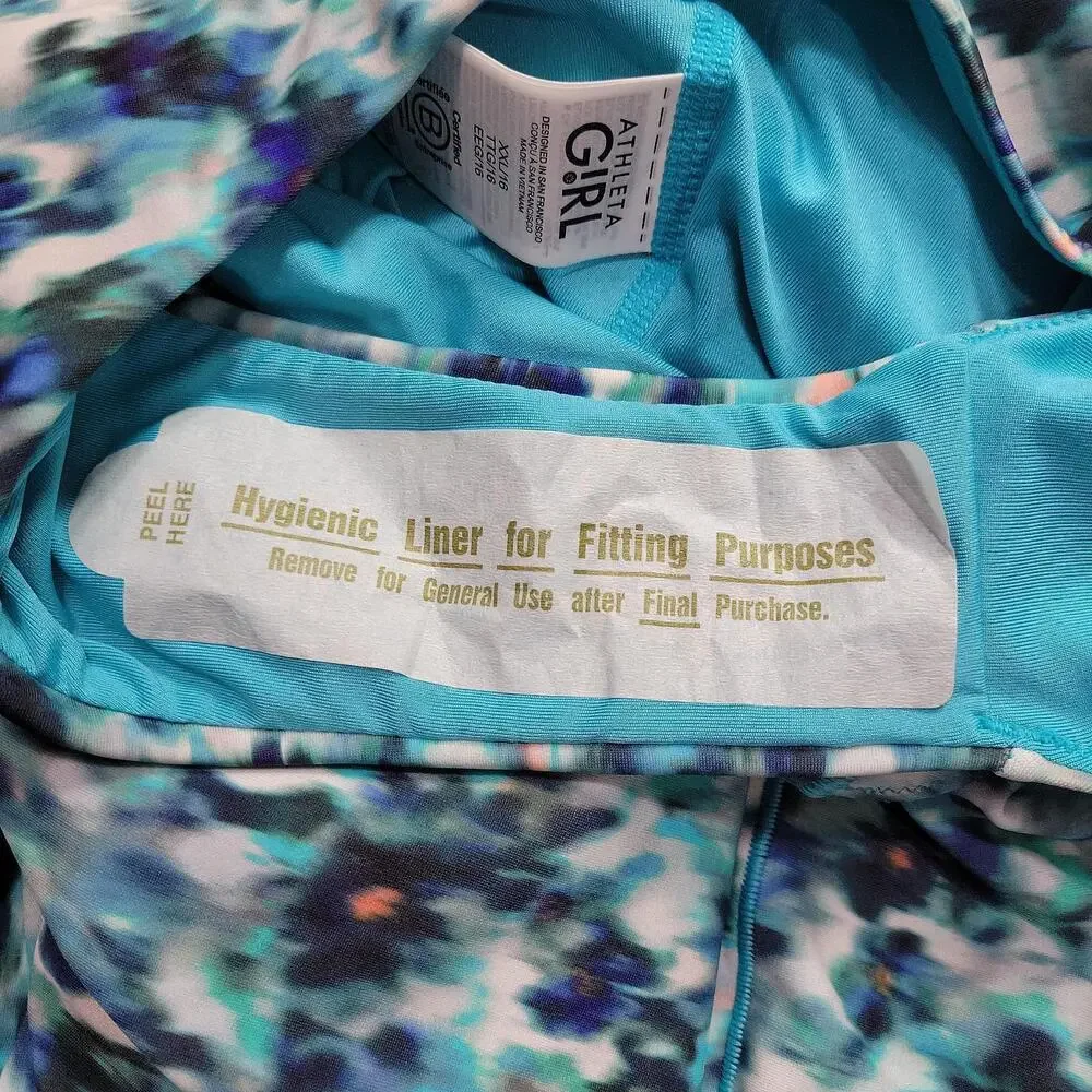 NWT Athleta Girl Swimsuit XXL 16 Blue Printed One Piece Adjustable Straps